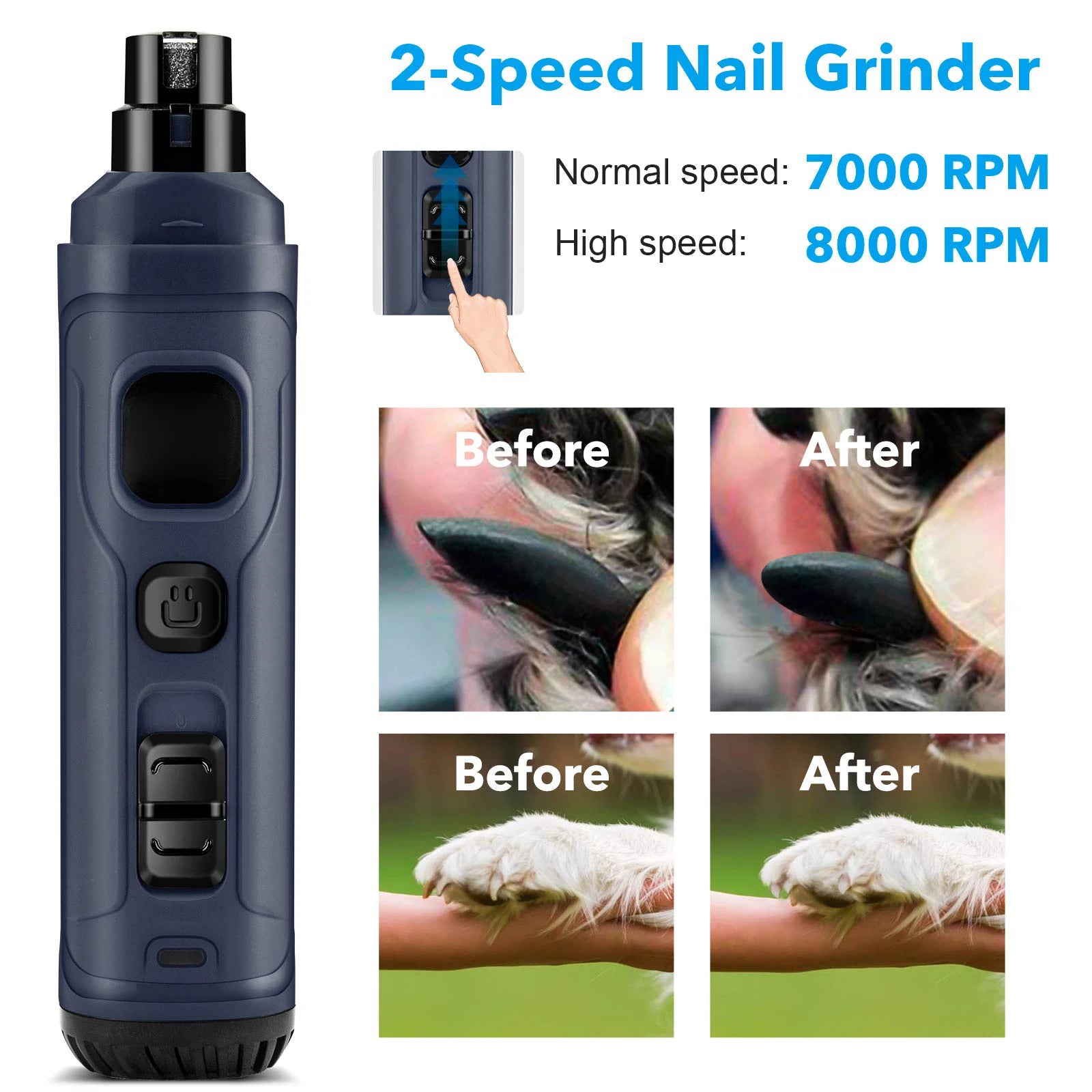 PAWSUNDAY Electric Dog Nail Grinder - Powerful 8000-10000 RPM Trimmer with Dual LED Lights for Safe and Easy Pet Grooming